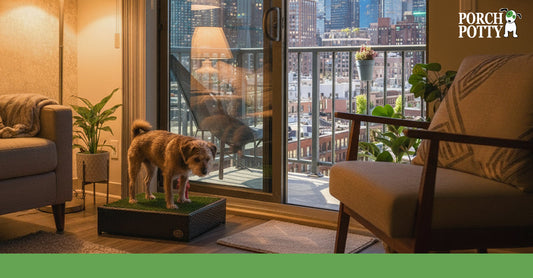 Small brown terrier standing on a Porch Potty inside an apartment overlooking the city skyline.