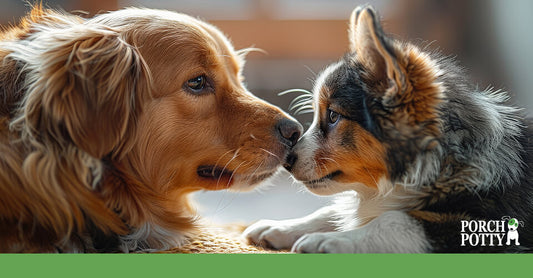 A close-up of two dogs, a puppy and an adult dog, gently touching noses, symbolizing the bond between new and existing pets.