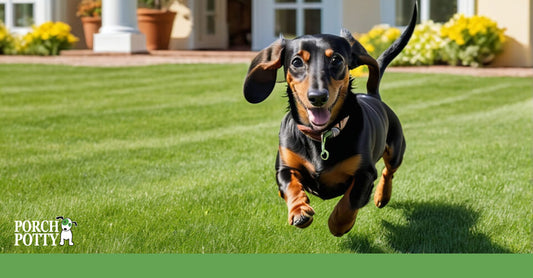 A Dachshund trots across his vibrant green back garden