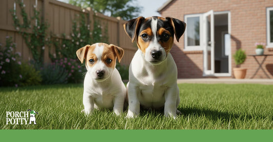 Two young puppies sitting side by side on grass in a backyard.