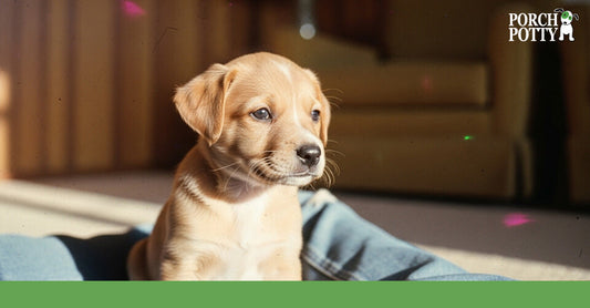 Eight-week-old puppy sitting indoors in soft natural light, looking alert and calm during the early stage of toilet training.