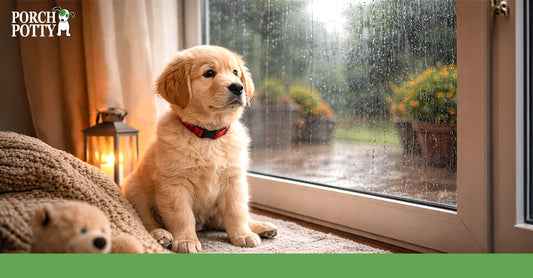Golden retriever puppy sitting by a window during rainy weather, highlighting indoor dog potty training for Australian homes and apartments