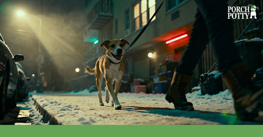 Dog walking on a lead along a city street at night near apartment buildings.